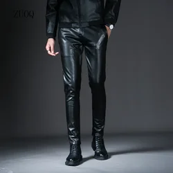Winter New Men's Skinny Biker Faux Leather Pants Fashion Motorcycle Trousers for Male Stage Club Wear