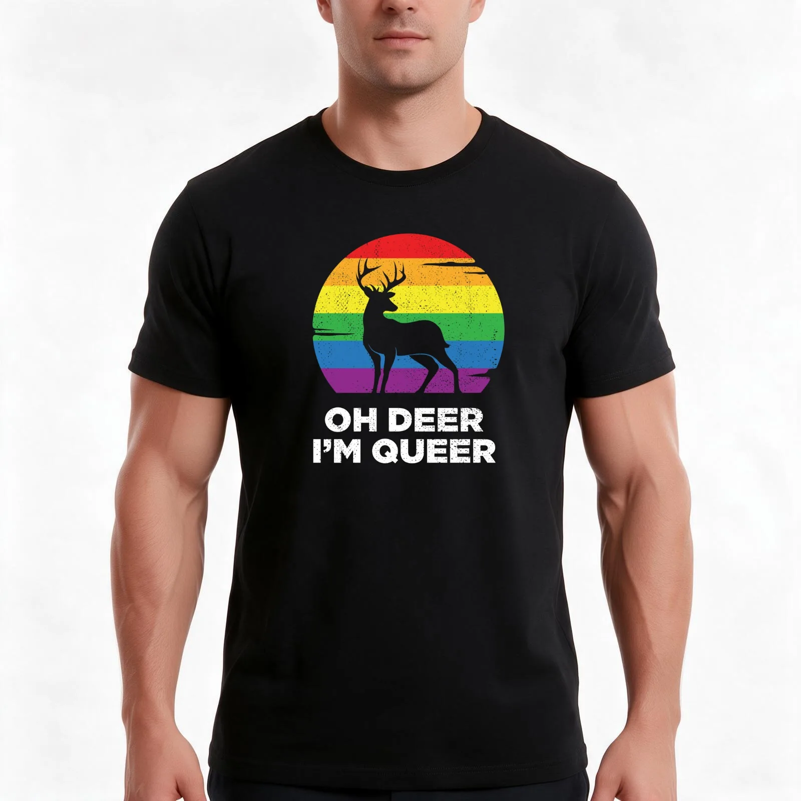 Oh Deer Im Queer Funny Pun LGBT Rainbow T-Shirt, Summer Casual Cotton Tee, Oversized Streetwear Tops, Vintage Graphic Print