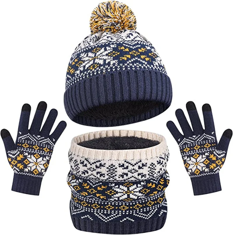 

1-5Y Winter Children Baby Knit Gloves Hat Scarf Snowflak 3pcs Suit Outdoor Windproof Warm Kids Muffler Hats and Caps for Boys