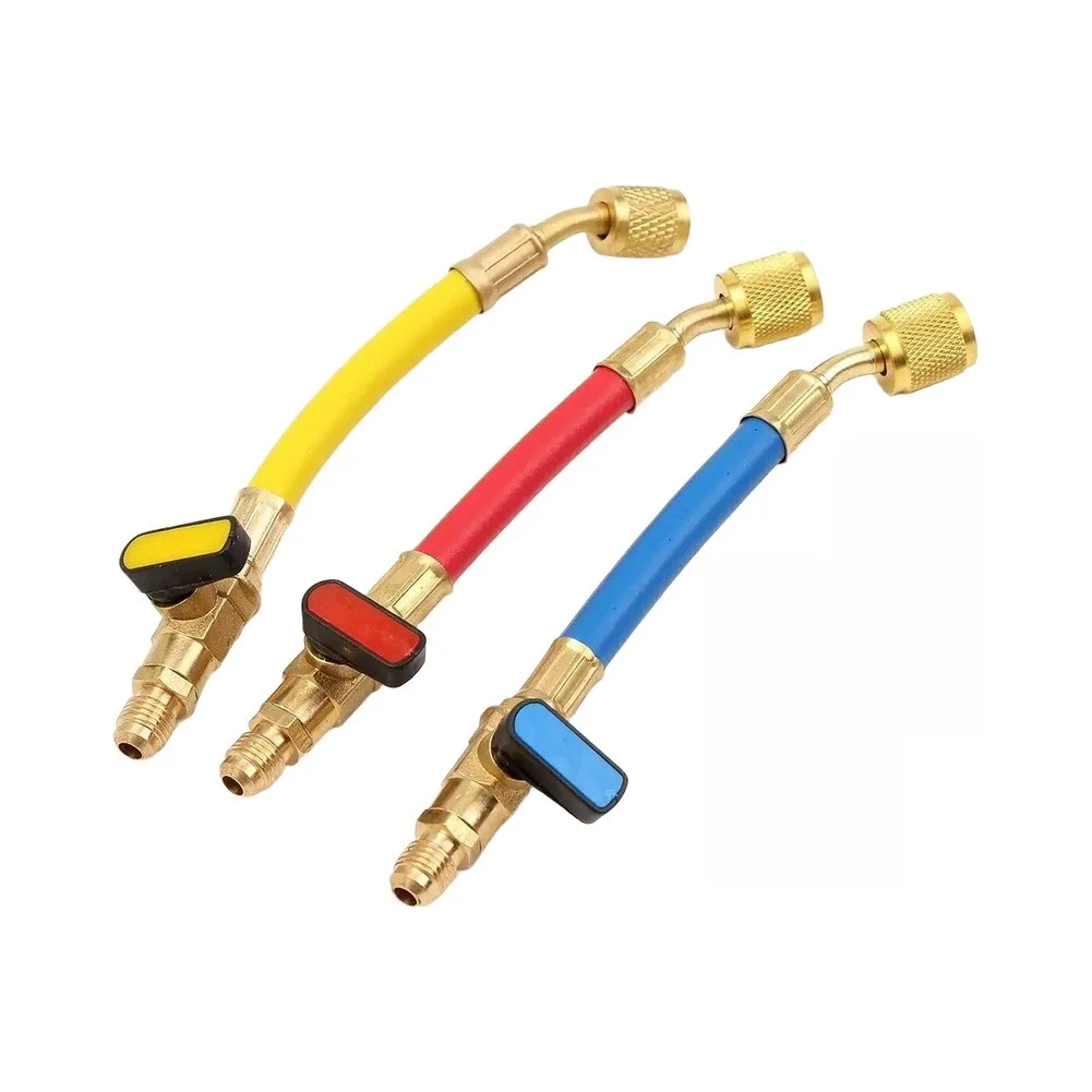 3 Piece 1/4 for sae HVAC Ball Valve Hose Kit with Color Coded Brass Valves Red Blue Yellow and 9.8 Inch Length for Easy Handling