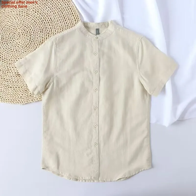 

Lin Cotton Linen Men's Casual irt ort Sve Stand Collar Summer Thin Loose Fit White irt Fre Sle Casual irt