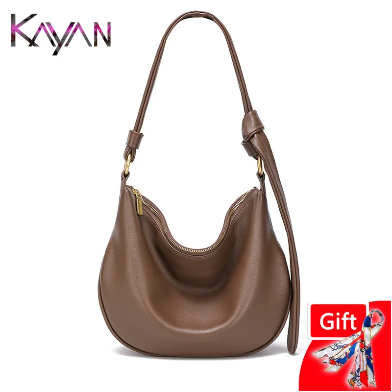 Korean Style Genuine Leather Women Drawstring Shoulder Hobo Bag Large Capacity Cowhide Female Crossbody Dumpling Messenger Bag