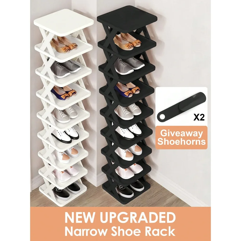 

9 Tier Narrow Shoe Rack, Shoe Shelf Small Vertical Shoe Stand, Closet, Hallway, Easy Assembly And Stable, Black & White