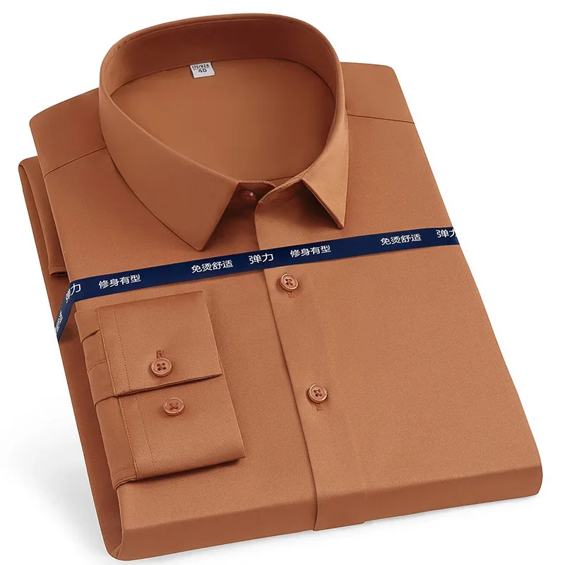 Men's Polyester Long Sleeve Shirts Solid Color Non-iron Silky Smooth Gentleman Chic Smart Party Dress Shirts Tops Man Clothing