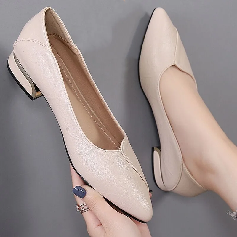 

Spring Autumn Women's Soft leather Pointed Toe Low Heel Pumps Lady Casual Single Shoes Women Slip On Dress Shoes Plus Size