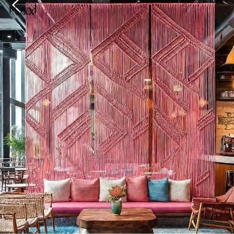 Bohemian Minimalist Woven Wall Art Pale Pink Geometric Lace Stylish Cafe Interior Decor