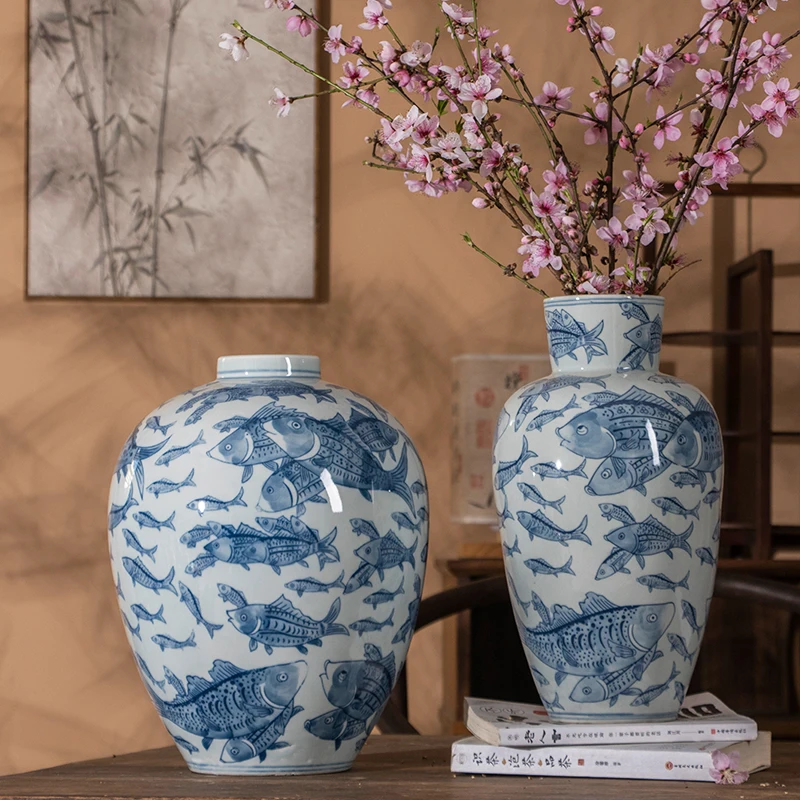 Ceramic Vase Fish School Pattern Blue and White Porcelain Vase Ceramic Handicrafts Carp Flowerpot Home Decoration Accessories