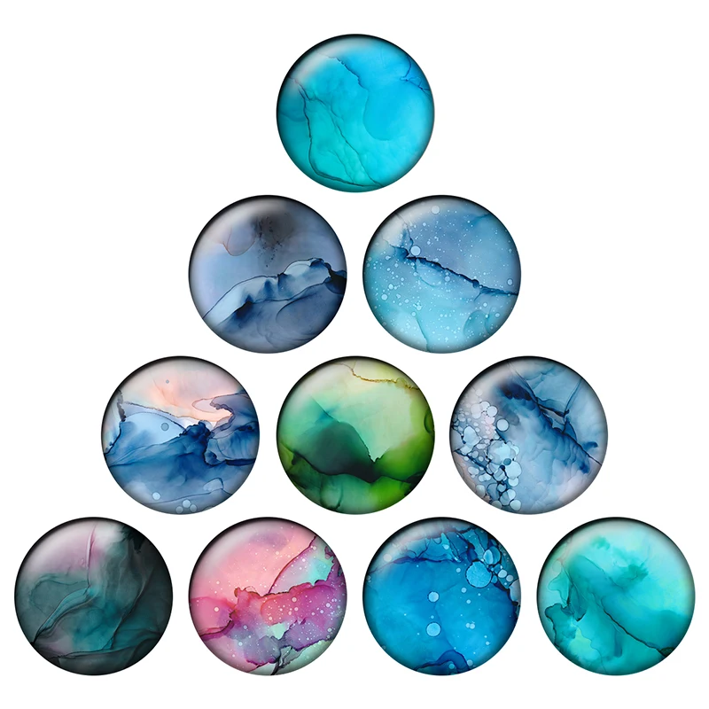 24pcs Watercolor Glass Cabochon Blue Green Grey Color Patterns Round Photo Glass Cabochon Demo Flat Back Making Findings H055