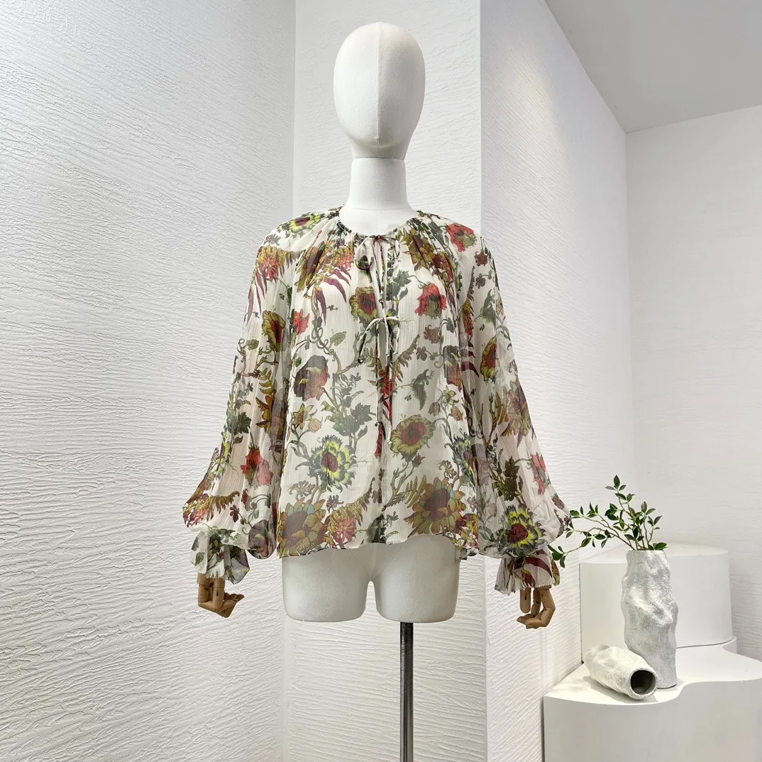 

2024 New Women Fashion Flower Color Floral Print Long Butterfly Sleeve Ruched Vintage Pure Silk Blouse Tops Summer Clothes