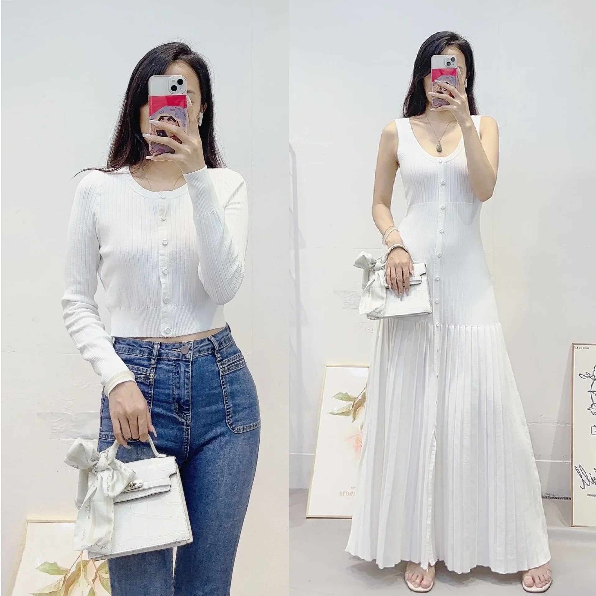 

CHUJIE Женский вязаный комплект во французском стиле ранней осенью 2025 — кардиган с круглым вырезом + платье без рукавов (смесь вискозного нейлона)