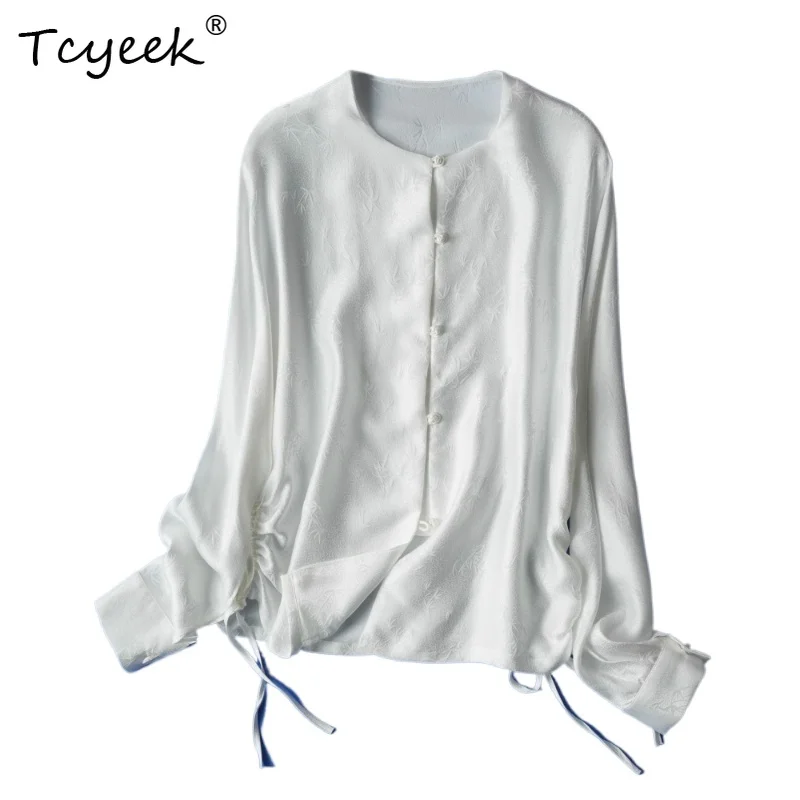 

Tcyeek 100% Mulberry Silk Spring Summer Long Sleeved Loose Round Neck Hem Drawstring Women's Shirts Женская Одежда חולצותנשים