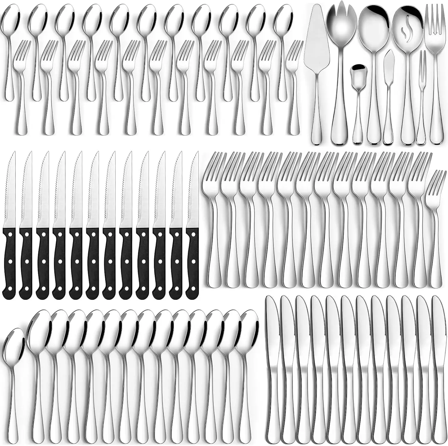 

80 Pieces Silverware Set with Serving Utensils Set, Stainless Steel Flatware Set for 12 with Steak Knives, Heavy Duty Cutl