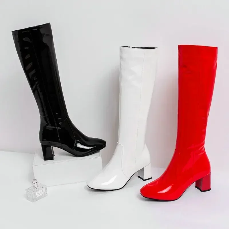 

Autumn Winter Boots for Women Mid Calf Boot Zipper Cover Heel PU 6CM Knee Over Boots for Stage Performances Women Shoes White