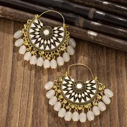 Boho Women's White Flower Hollow Earrings Ethnic Bijoux Vintage Resin Beads Tassel Earrings Female Wedding Party Indian Jewelry
