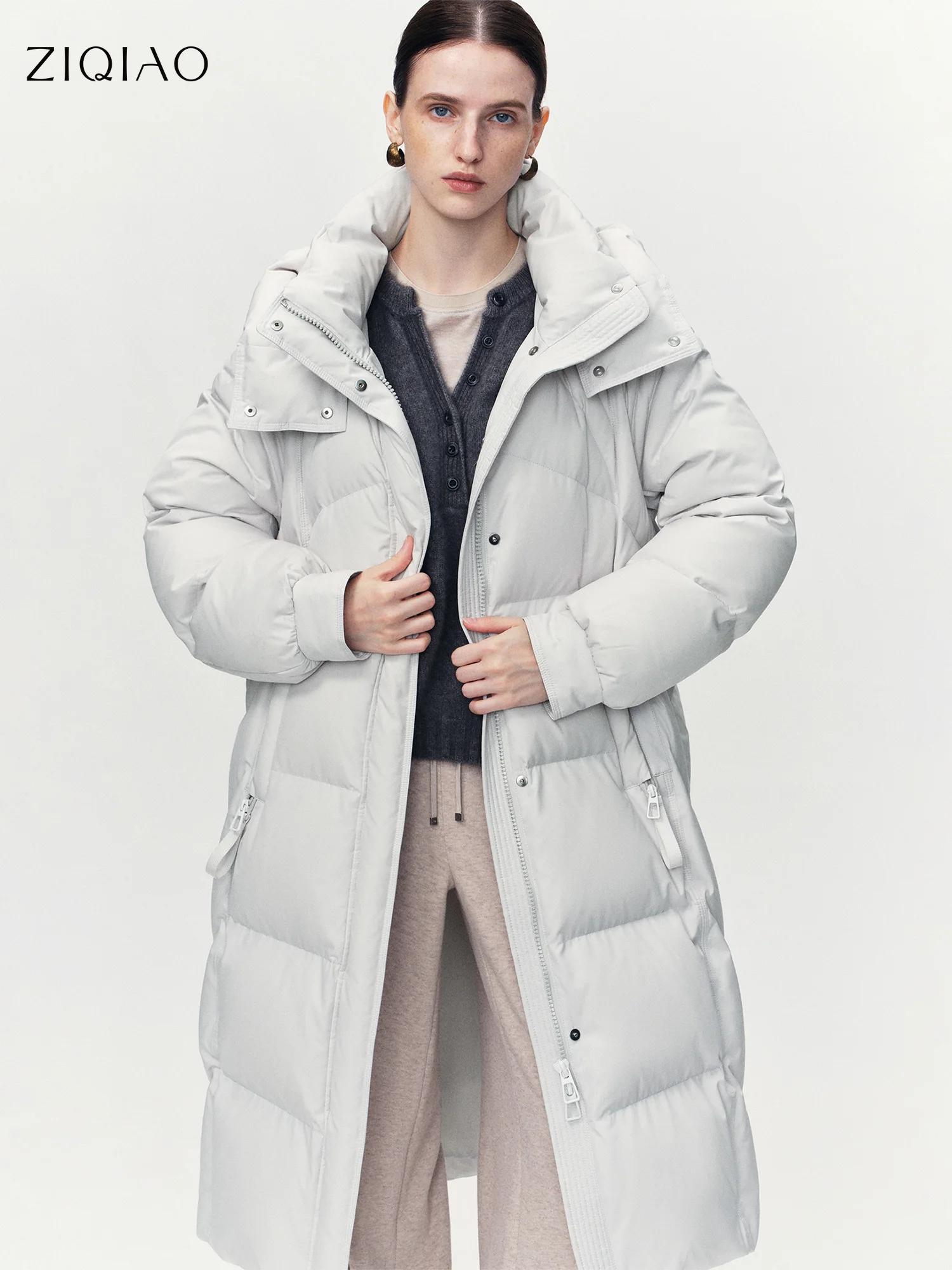 ZIQIAO LightWarm Petite Women's Long Standing Collar Down Jacket 90% White Goose Down Winter Coat 2025 Winter New Arrival Coats