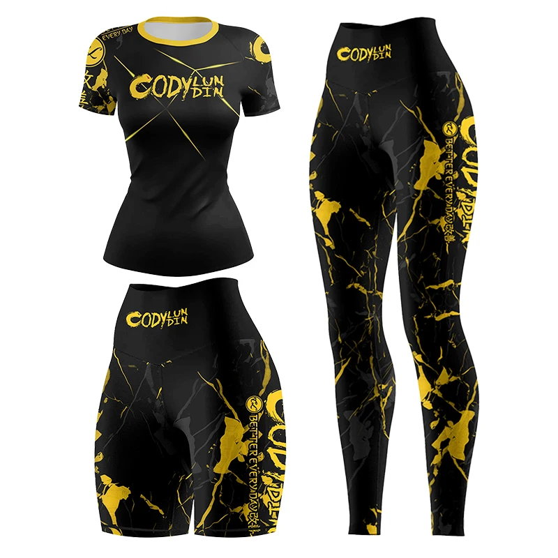 

Women Girl Colorful Fitness MMA BJJ Rash Guard Tight Exercise Jogging T-Shirts+Pants 3D Print Compression Boxing Shorts Sets