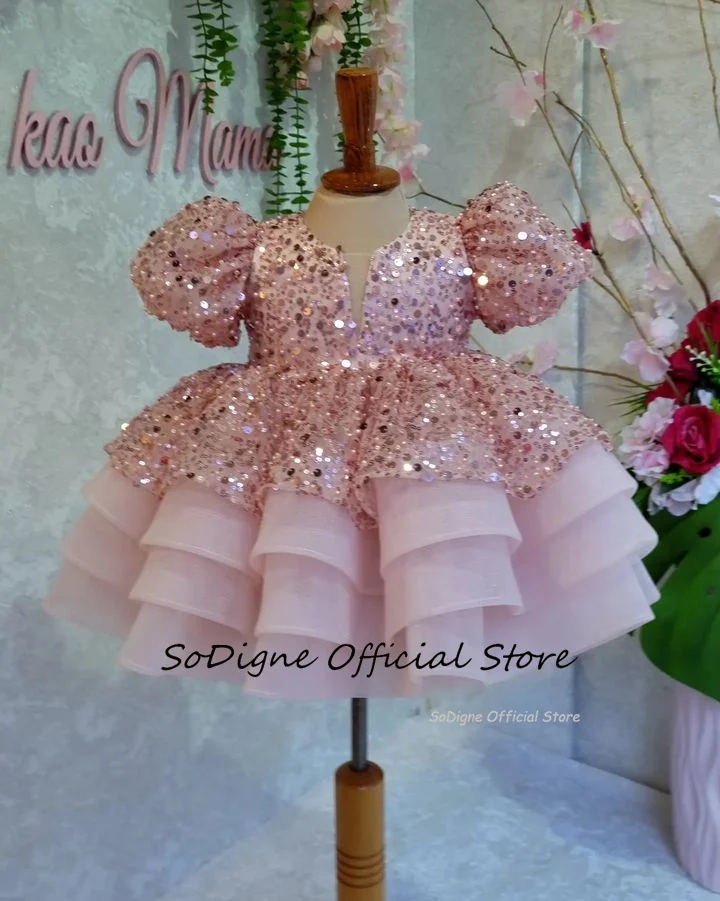 SoDigne A-line Glitter Flower Girl Dress O-Collo Maniche corte Tulle Gonna con paillettes Abiti da festa per ragazze Abito lungo per bambini Personalizzato