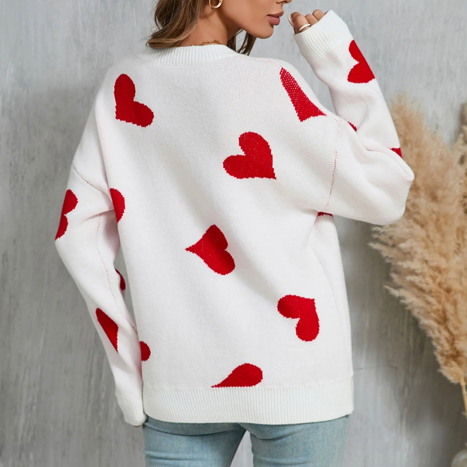 Sweet Heart Print Sweater For Women Fashion Cute Vintage Loose Knitted Pullover Knitwear Long Sleeve O-Neck Female Chic Lady Top