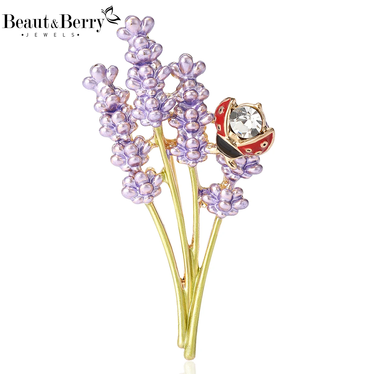 Beaut&Berry Luxury Enamel Ladybird Lavender Brooches for Women Unisex Plant Pins Casual Party Jewelry Accessories Gifts