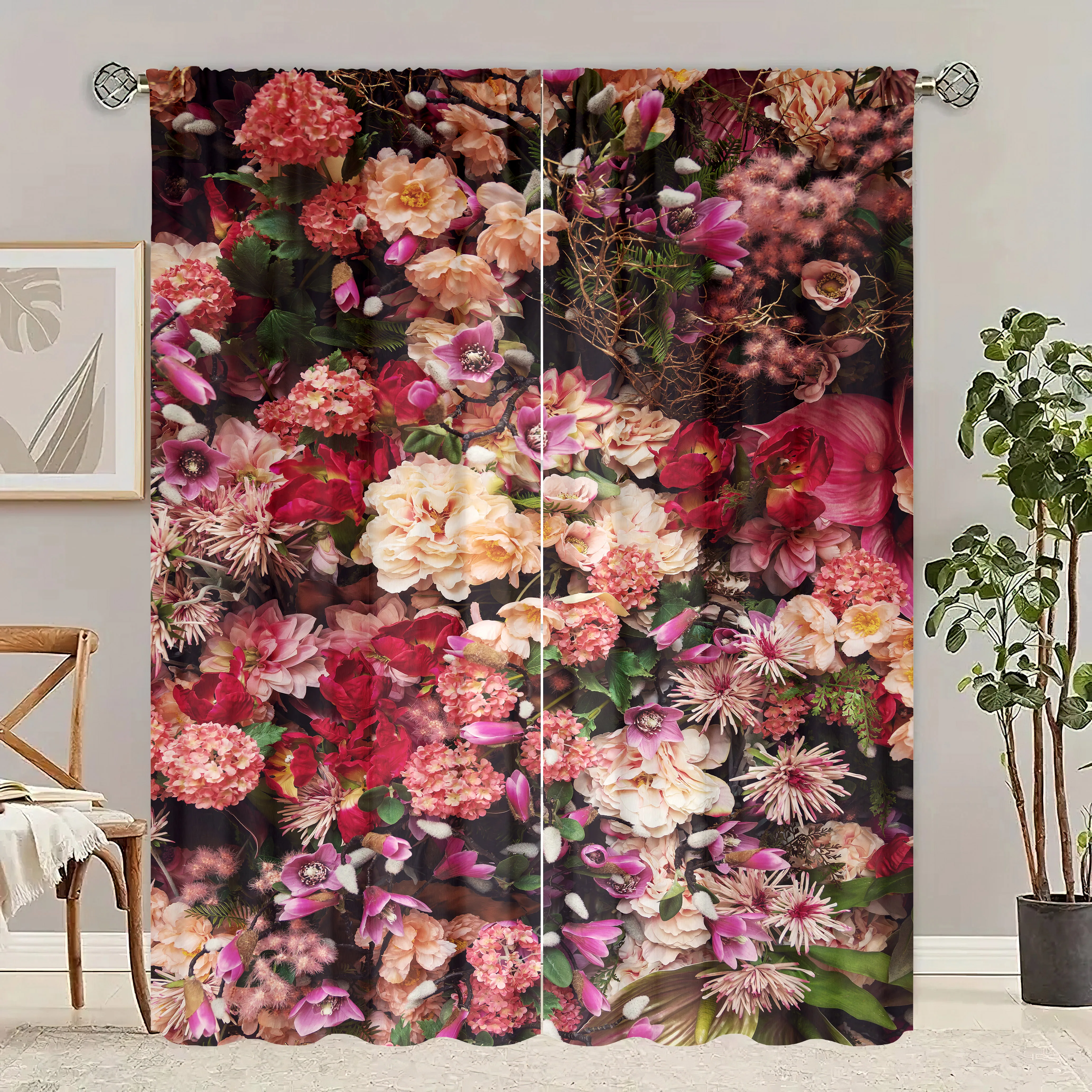 2 pieces - flower - printed curtain - Polyester material - for bedroom, living room, study - privacy curtain