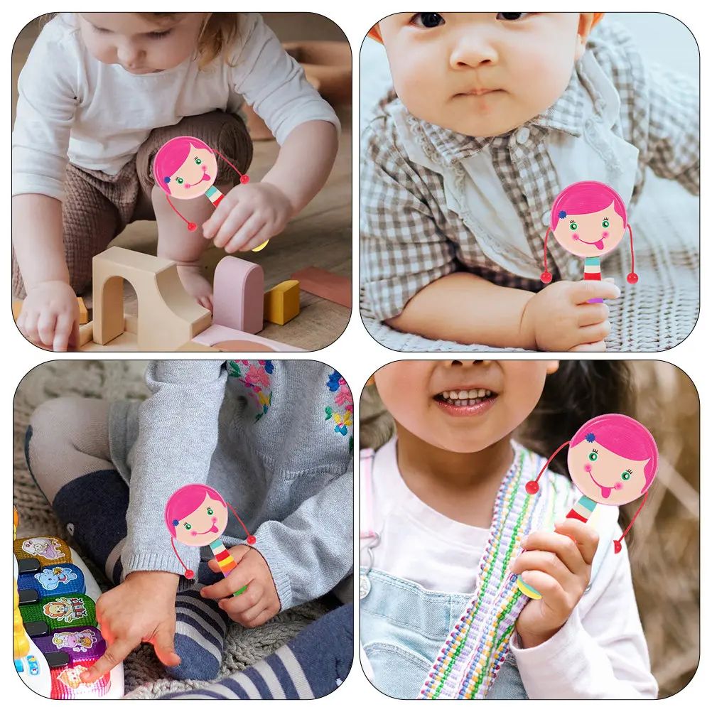 2Pcs Wood Rattles Cartoon Design Baby Handheld Sensory Visual Auditory Training Coordination