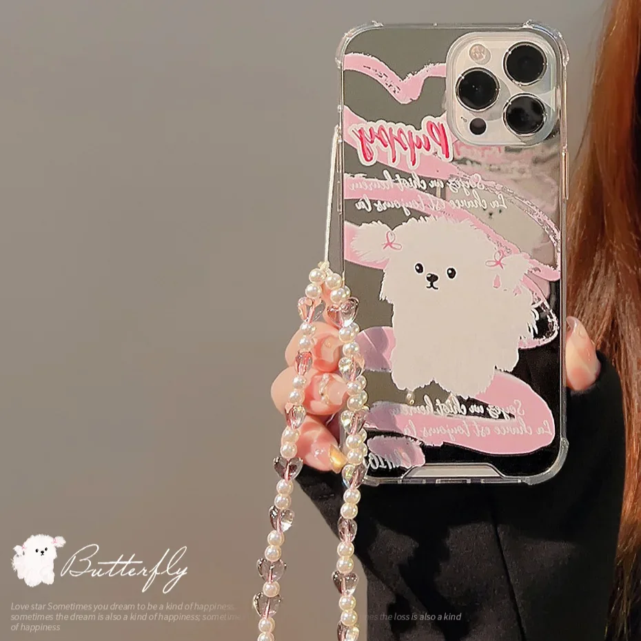 Luxury Pink Doggy Makeup Mirror Phone Case Fro IPhone 15 14 13 12 11 Pro Max Plus Mirror Face Shockproof Hard Cover