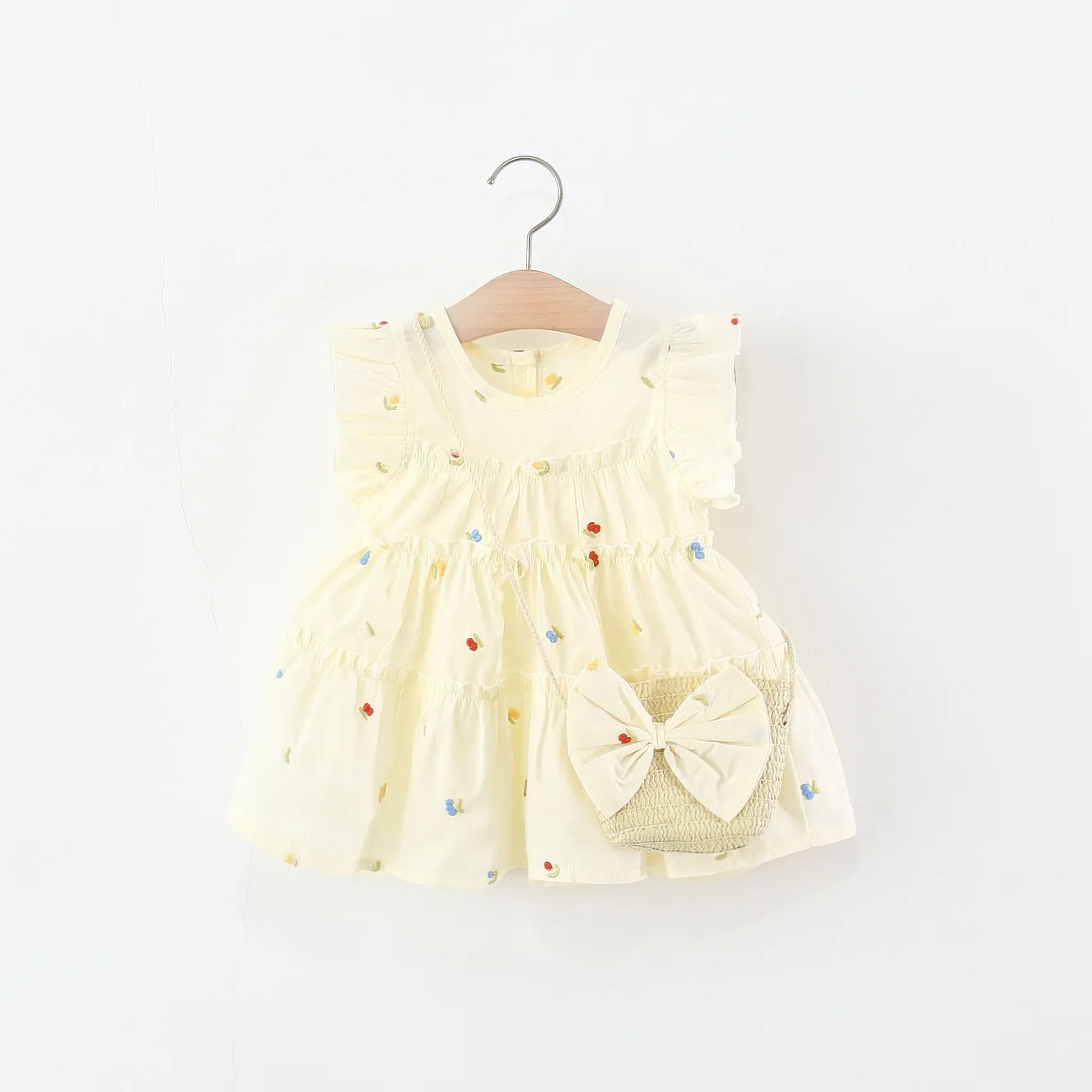 Baby-Mädchen-Kleid mit süßer Kirsch-Stickerei, Flügelärmeln, Baumwolle, inklusive Tasche, Sommer-Freizeitkleidung für Mädchen