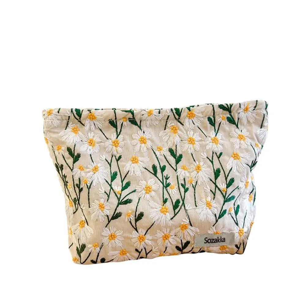 Casual Floral Daisy Makeup Bag Canvas Large Capacity Embroidered Cosmetic Bag Handbag Korean Style Jacquard Storage Bag Girls