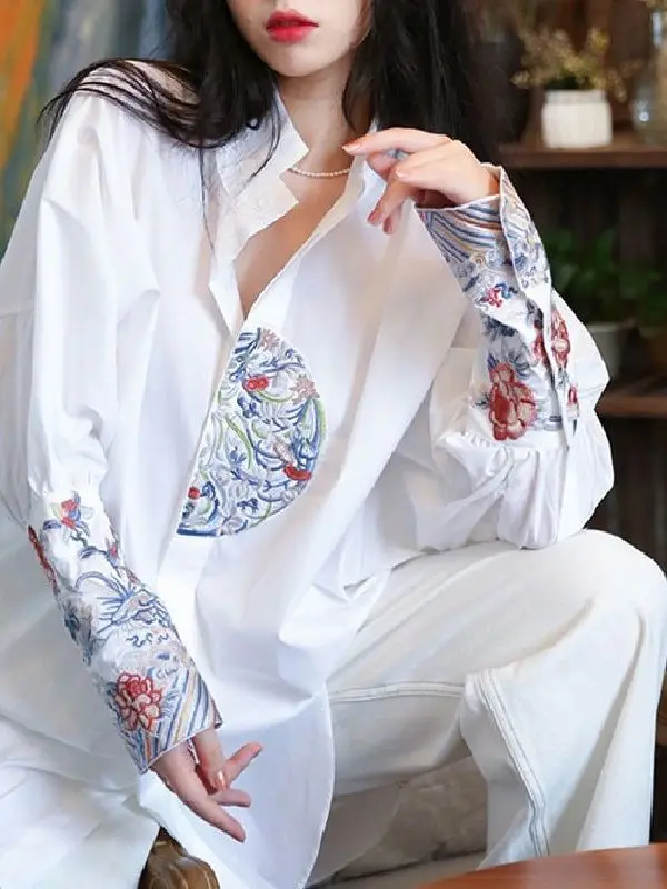 

Elegant Long Sleeve Women's Shirt Fashionable Embroidery Design Slimming Top for Spring Autumn New Chinese Style National Trend