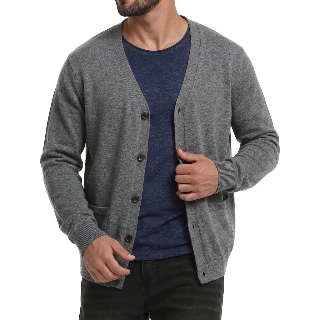 Neuer Herren-Cardigan mit langen Ärmeln, Knopfleiste, V-Ausschnitt, Strickware, lässiger Pullover, einfarbig, leichte Oberbekleidung mit Taschen. – Detail 6