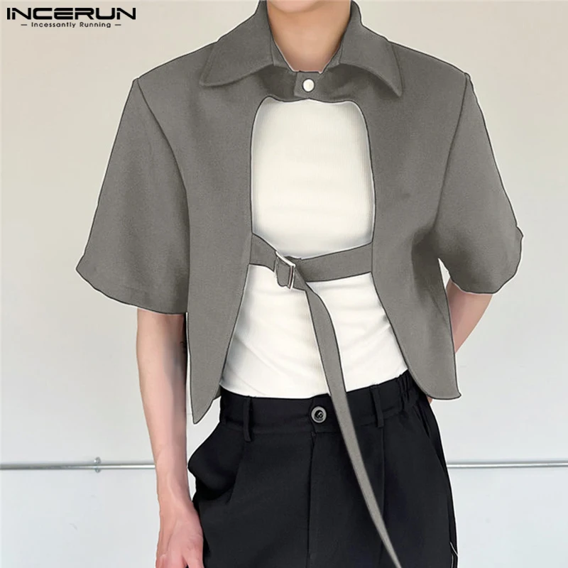 INCERUN Men Shirt Solid Lapel Short Sleeve Hollow Out Button Streetwear Irregular Shirts 2023 Fashion Personality Men Clothing