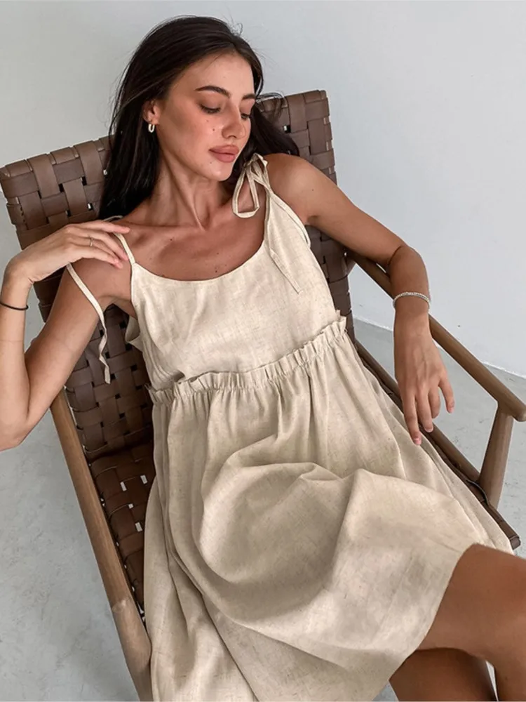 

New Dresses For Woman Sexy Suspender Dress Vacation Loose A-line Leace-up Spaghetti Strap Solid Color Simple Style Off Shoulder