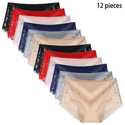 12PcsWomen's Panties Sexy Lace Seamless Briefs Embroidery Temptation Briefs transparent Underwear Large size female Lingerie