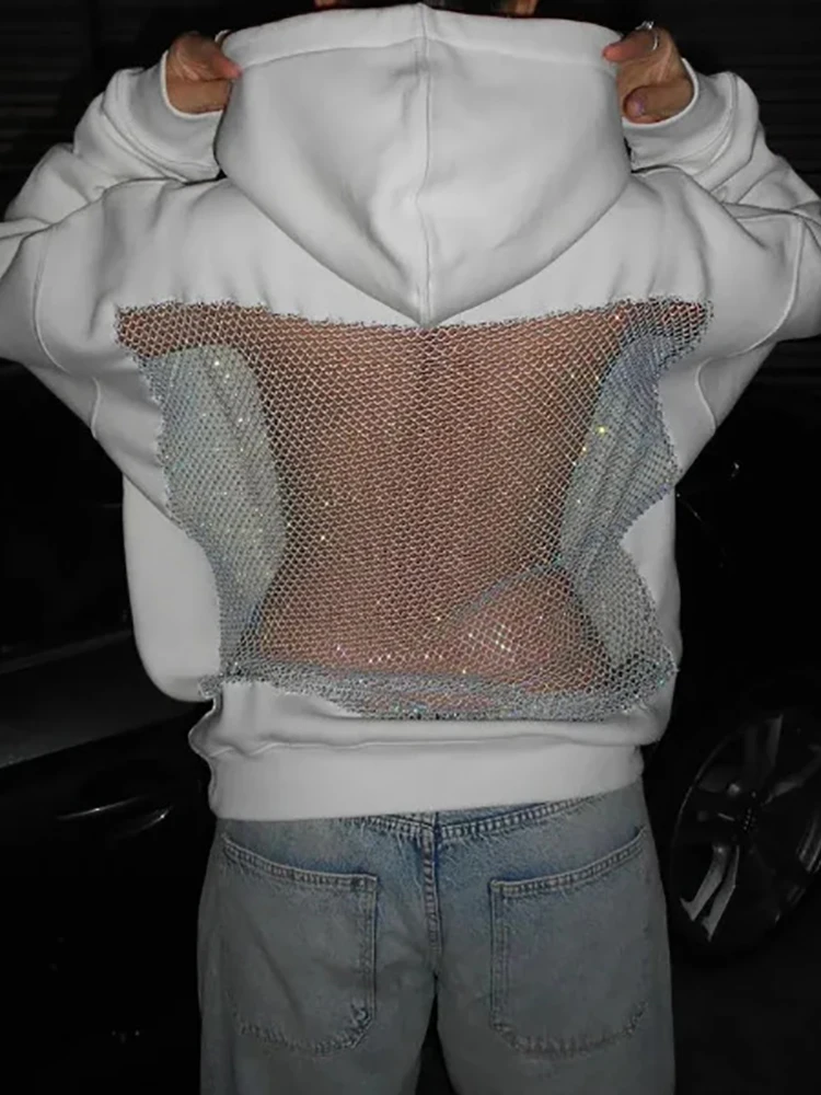 هوديس أنيق أنيق مفرغ، بلوزات بسيطة بأكمام طويلة للربيع والخريف للسيدات، بلوفرات فضفاضة مرقعة شبكية لعام 2025