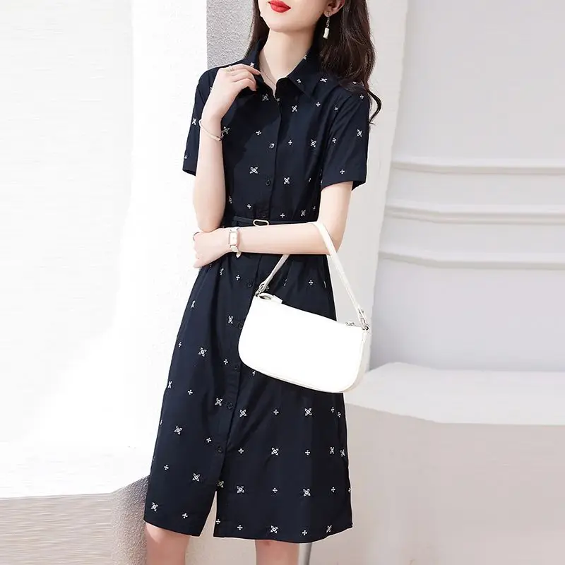 Women Clothing 2024 Summer Fashion Print with Belt Elegant Shirt Dresses Female Short Sleeve High Waist Slim Midi Dress Vestidos