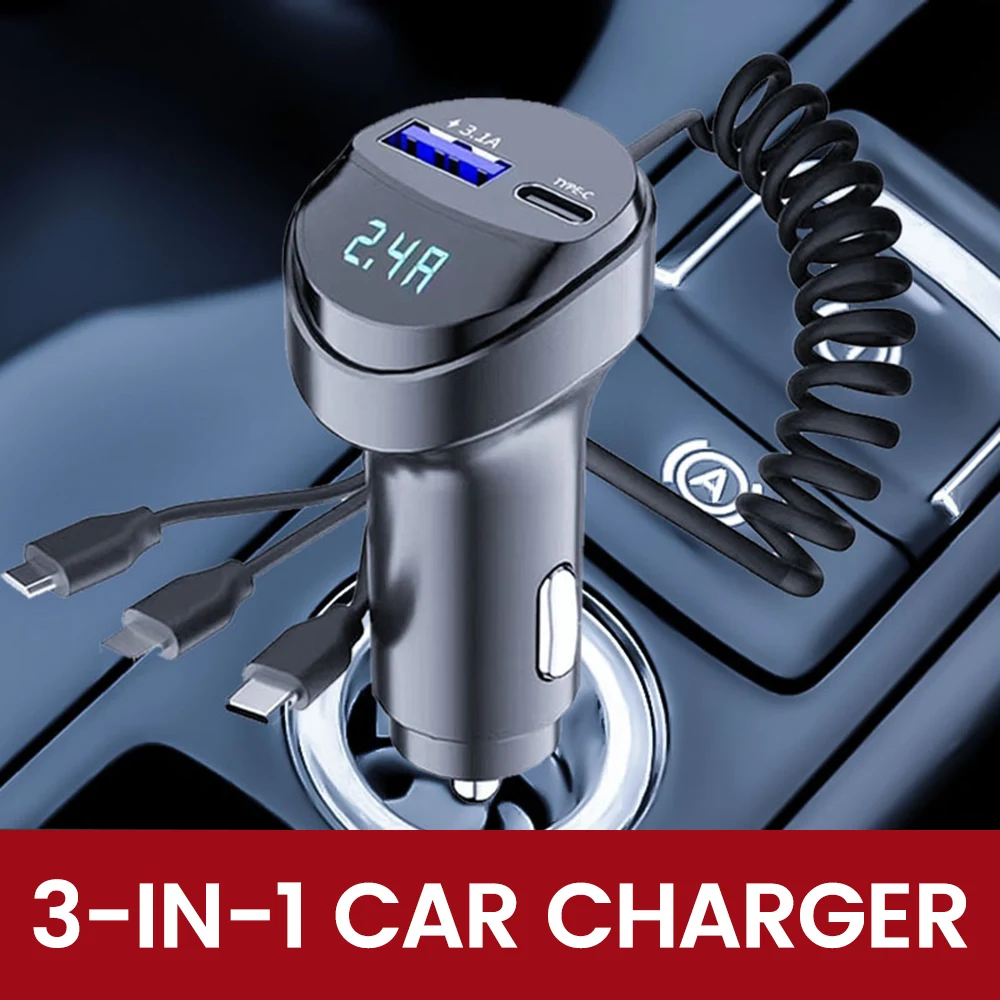 3.1A 55w Car Charger Three In One Usb Retractable Charging Cable 2 Ports Usb Fast Car Cellphone Charger With Voltage Display