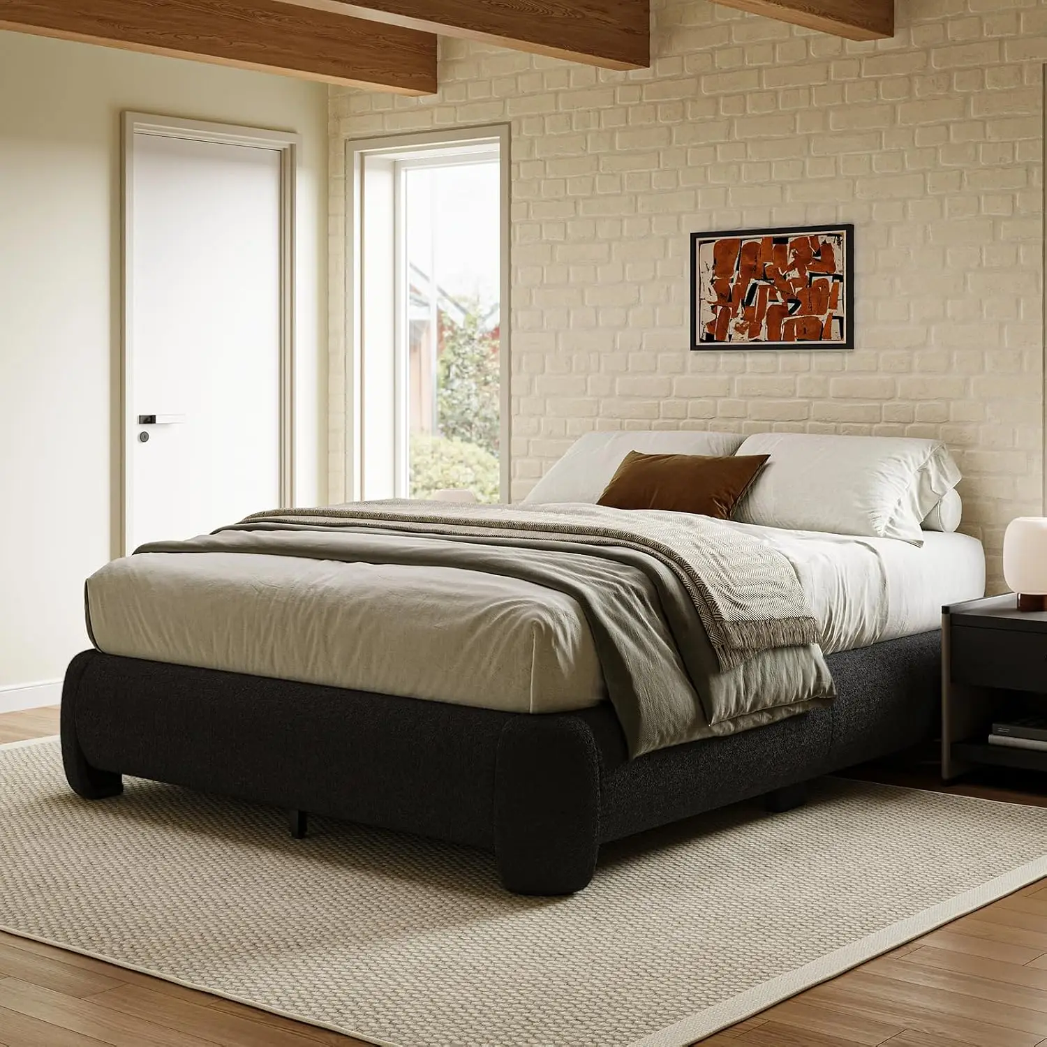 Cloud Platform Bed Frame Queen Size, Soft Boucle Bed Frame with Round Corner, Upholstered Queen Bed Frame with Heavy Duty Wood