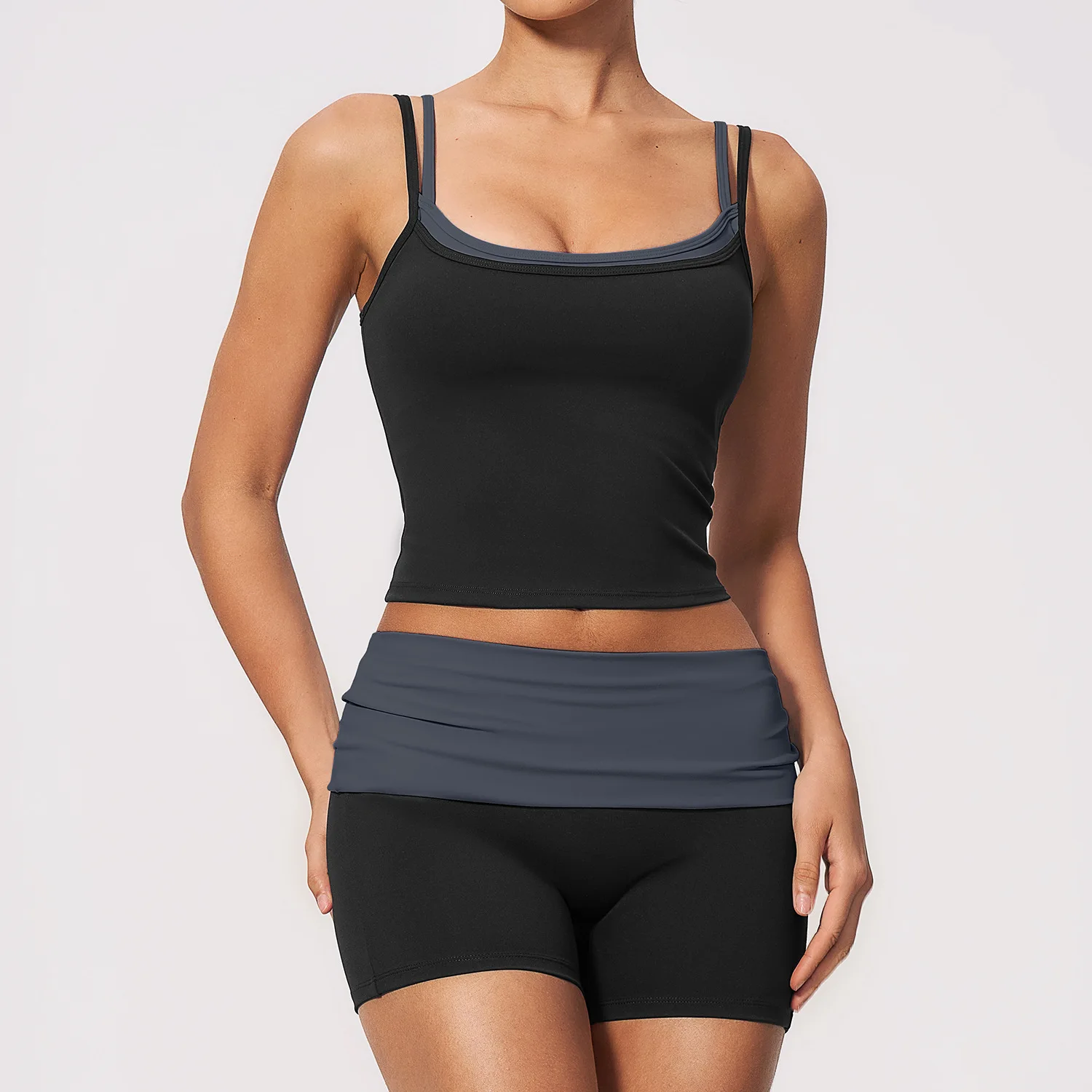 Contrast Color Yoga Set Quick Dry Fake Two Piece Sports Vest High Waist Folded Shorts Cloud Feeling Workout Fitness Running Suit