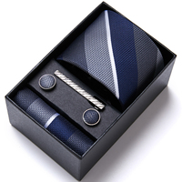 Brand Fashion Tie Pocket Squares Cufflink Set Necktie Blue Striped Man Wedding Accessories Fit Workplace Holiday Gift Box