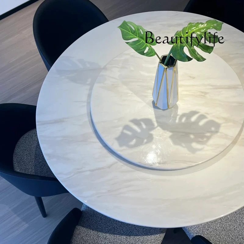 

Natural jazz white marble round light luxury high-end dining table with turntable villa luxury stone
