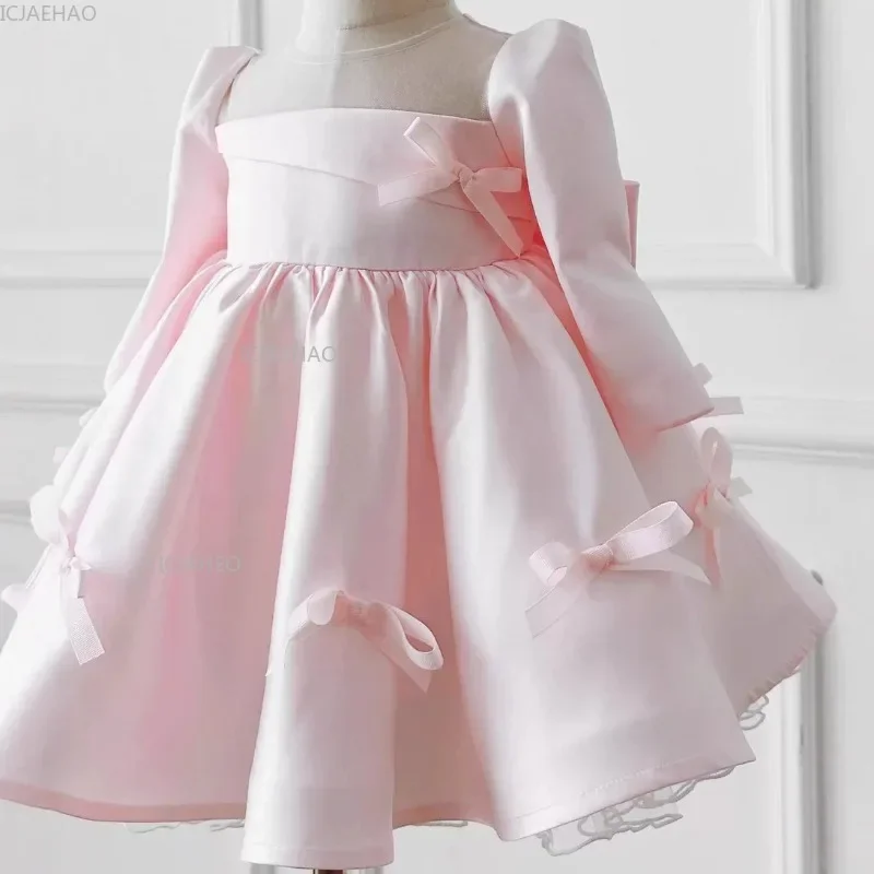 Dress For Girls New Year Kids Girl Pink Satin Small Bow Flower Gown Children Birthday Party Performance Princess Pageant Dresses