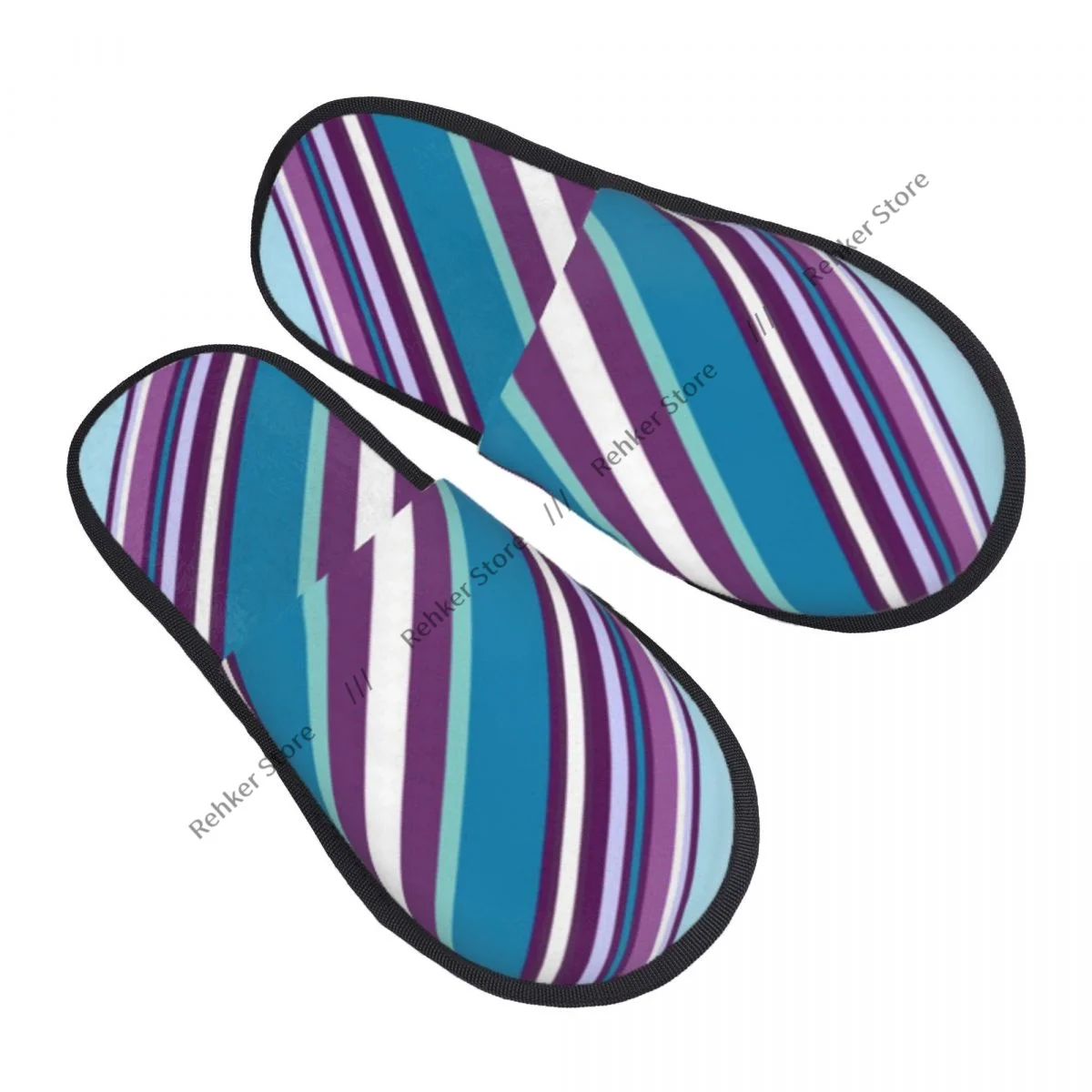 Soft Plush Cotton Blue Diagonal Pattern Slippers Shoes Non-Slip Floor Indoor Furry Slippers For Bedroom