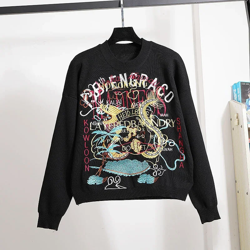 Fashion Black Knitted Tracksuits Two Piece Outfits Women 2pc Loose Embroidery Cartoons Sweater Long Pants Set Female Streetwear