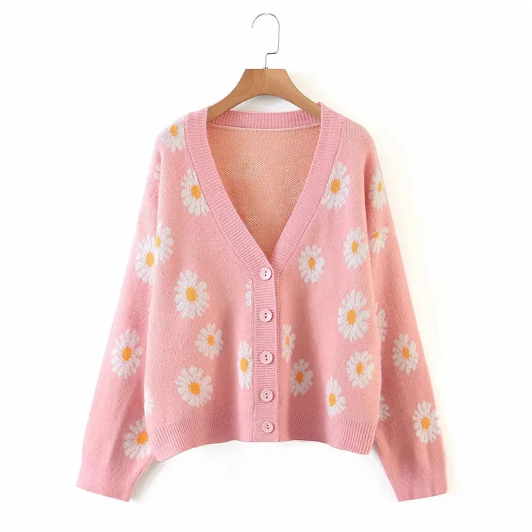 Women Floral jacquard Knit Cardigan Sweater Long Sleeve V Neck Button Down Sweater Vintage Aesthetic Outerwear Tops sweater