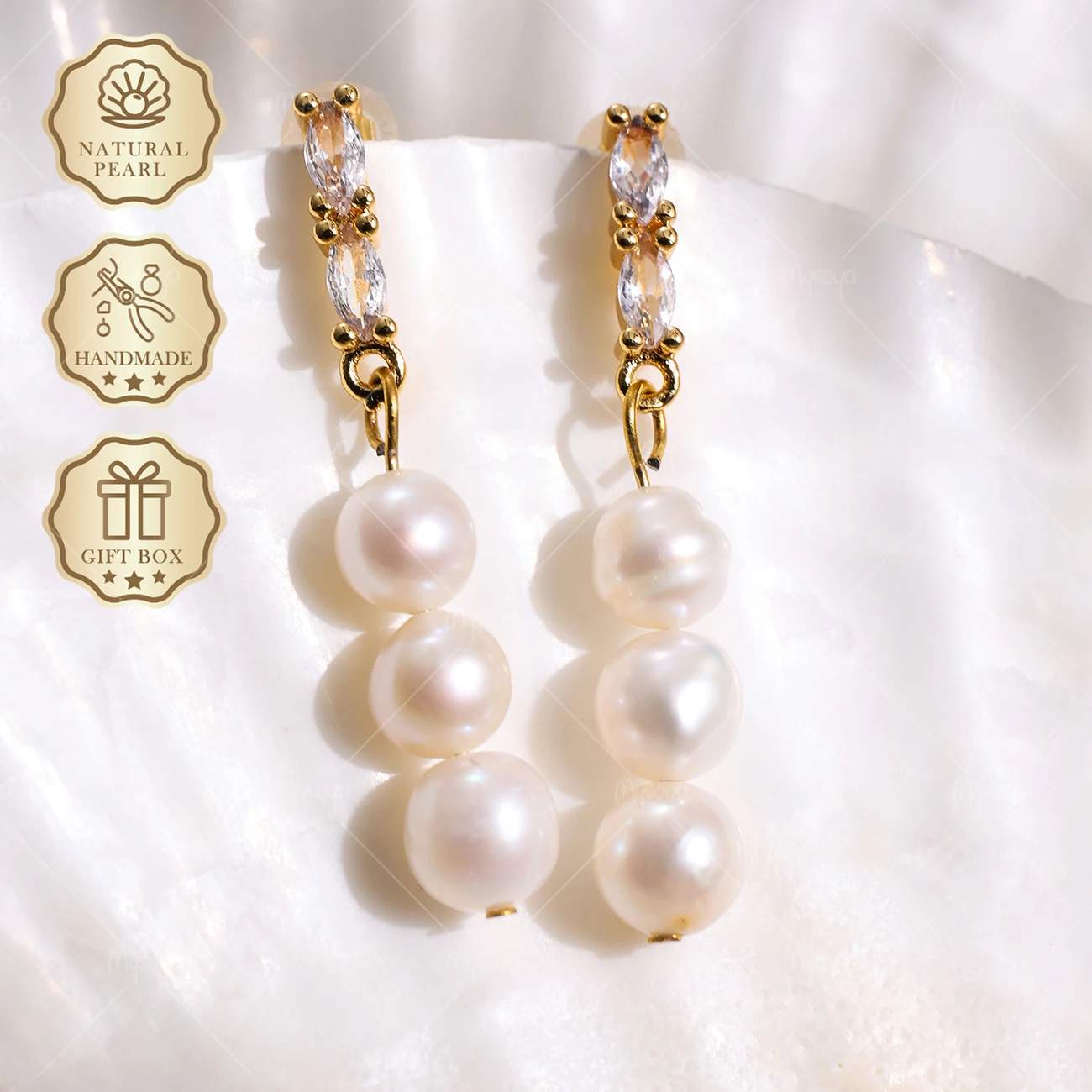 MYSOYA Triple White Freshwater Pearl Stud Earrings 6-7mm Gold CZ Design, Gift Box, Birthday Jewelry S385