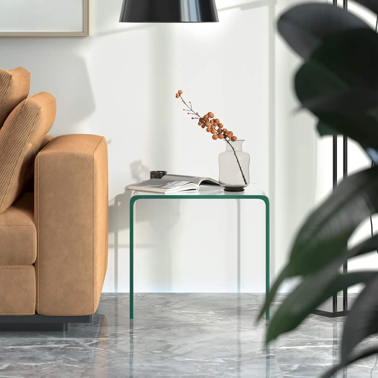 Tempered Glass End Table, Clear Sofa End Tables with Waterfall Edges & Non-Slip Pad, 18 x 18 x 16 inches, No Assembly N