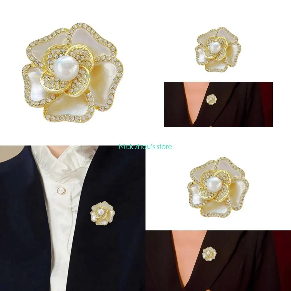 E15E Luxurious Crystal Camellias Flower Pin Sturdy Alloy Accessory Versatile Outfit Enhancer