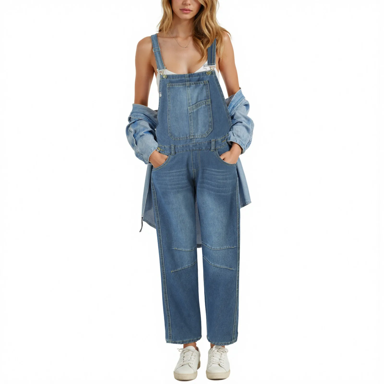 Monos con pechera de mezclilla para mujer, pantalones vaqueros de pierna ancha con correa ajustable, monos con bolsillos cruzados sin espalda, monos Retro americanos