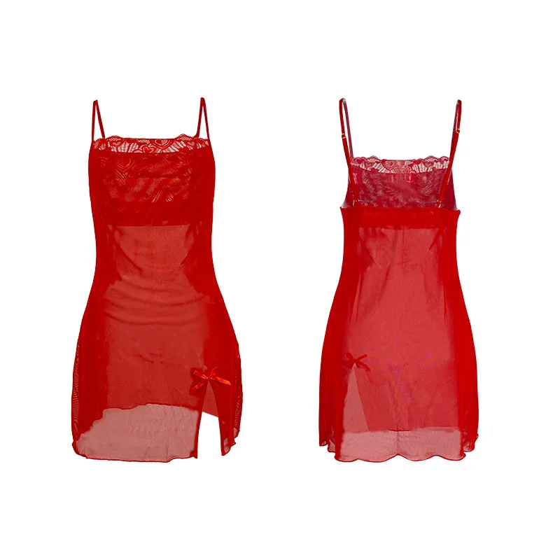 핫 칼라 레이스 패치워크 섹시 노 테이크 오프 슬릿 라이트 럭셔리 메쉬 나이트가운 홈웨어