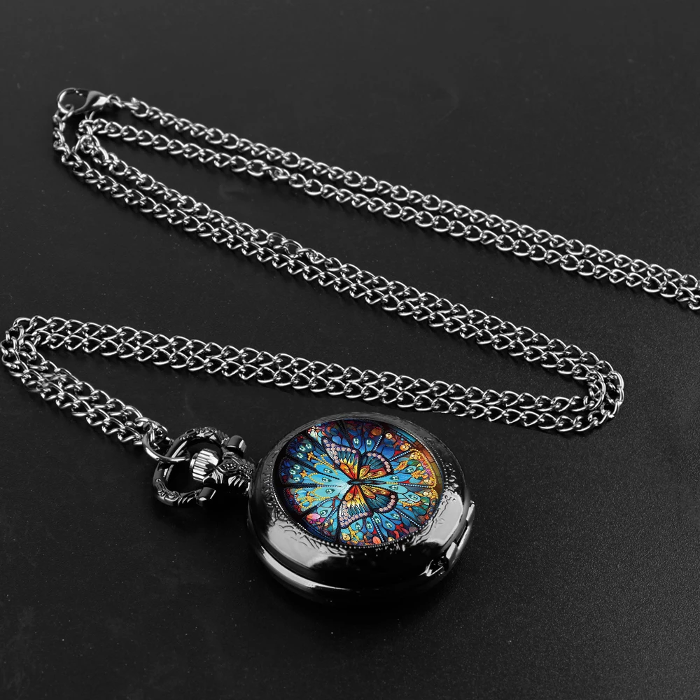 Parel Vlinder Creatief Glas Patch Rond Quartz Zakhorloge, Heren Mode Quartz Zakhorloge Met Ketting, Unieke Verjaardag Gi